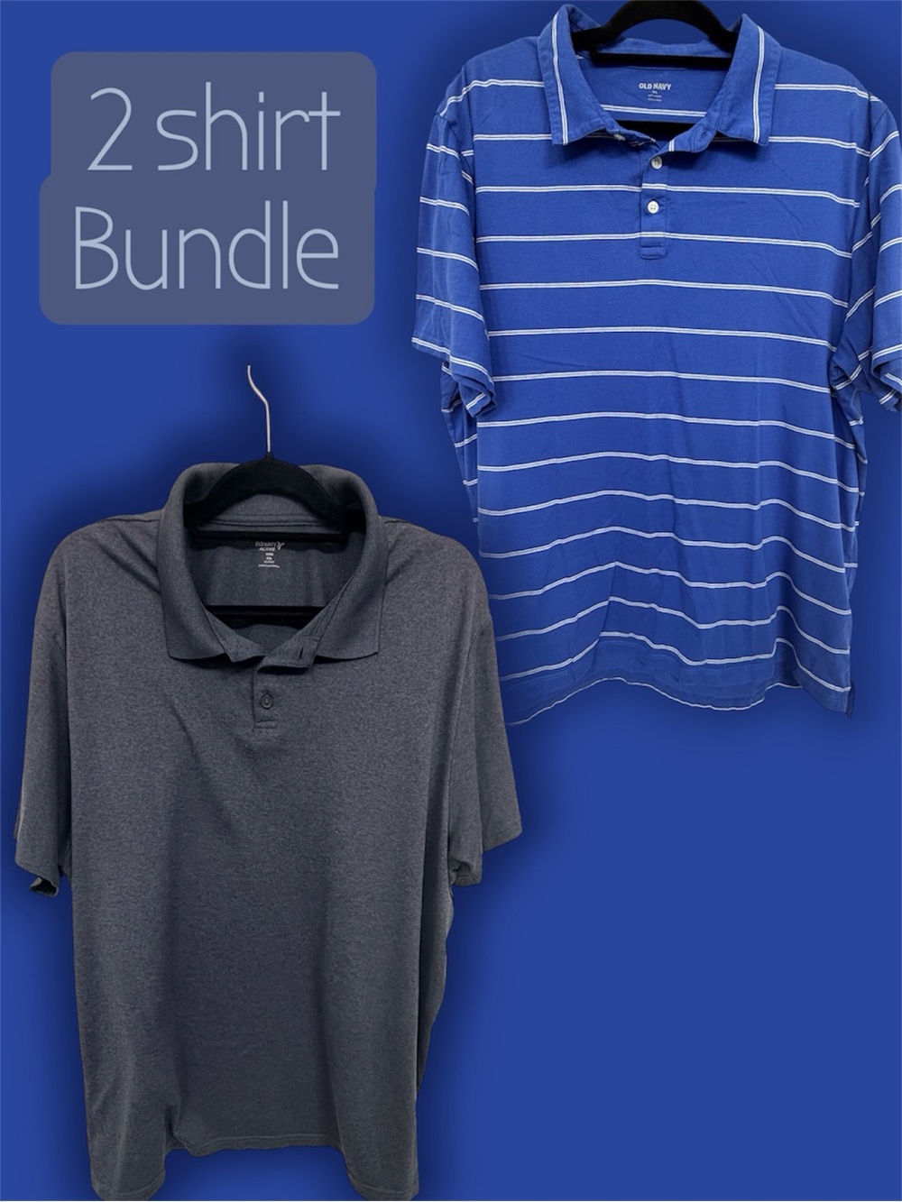 Old Navy Polo Shirt Bundle - Blue Striped + Solid Gray - XXL
